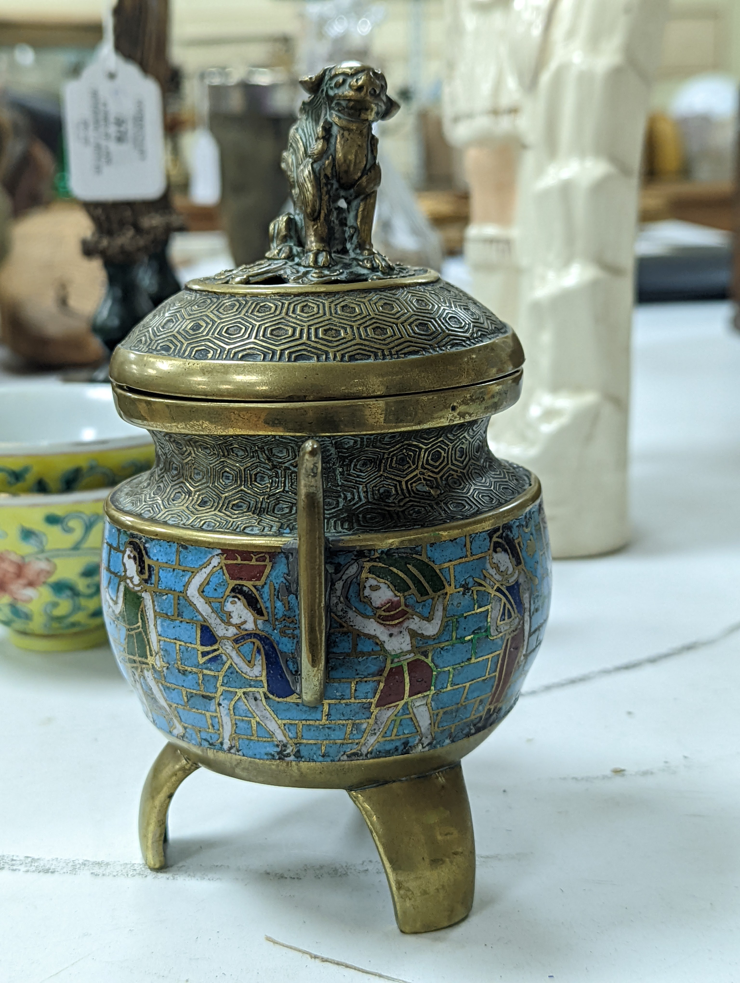 A group of Chinese porcelain, 19th /20th century, to include a pair of yellow ground bowls, 10.8 cm diameter, a blue and white vase, Xuande mark, a similar bowl and vase, and a champleve enamel bronze koro and cover